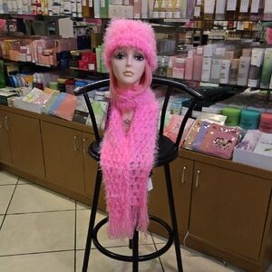 Fuzzy Pink Hat and Scarf Set